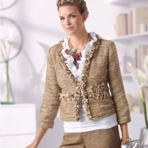CAbi Metallic Tweed Medium Blazer Tan White Fringe Style 343